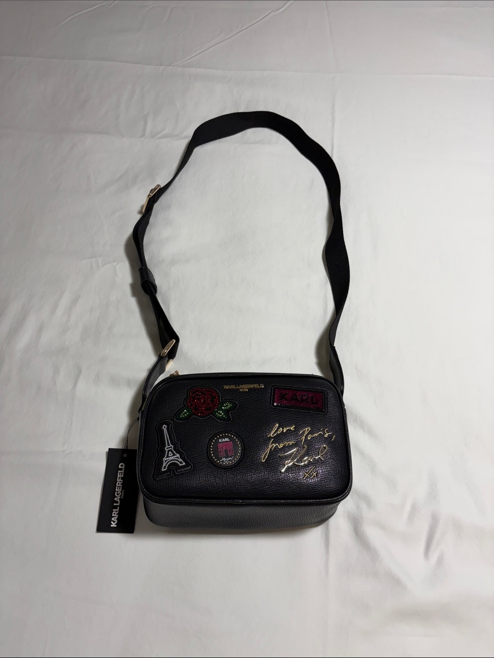 Karl Lagerfeld Black Crossbody Camera Bag with Embroidered Accents